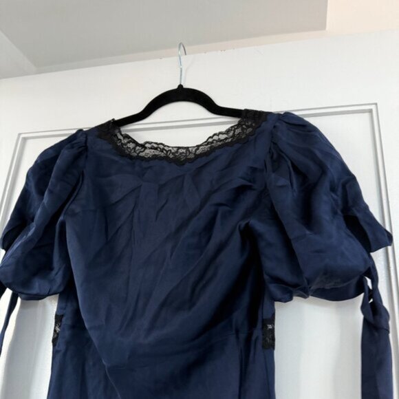 NWT Reformation Stella Silk Midi Dress Sz 0 Navy  Lace Trim Puff Sleeves w/ Tie - Picture 8 of 8